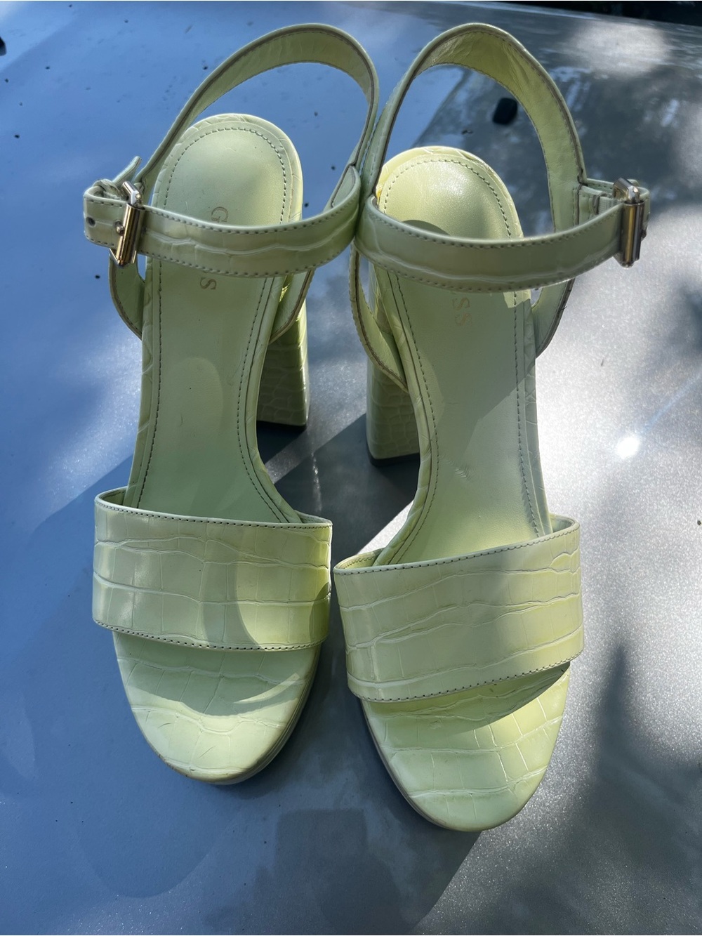 Guess Pale Green Croc-Embossed Block Heel Sandals